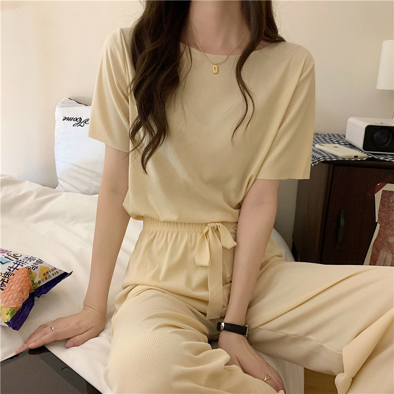 Women's Sleepwear Summer Suit for Women French Solid Color Ice Silk Sleepwear Pajamas Two Piece Set Home Wear Nightwear Comfortable Pyjamas 23022