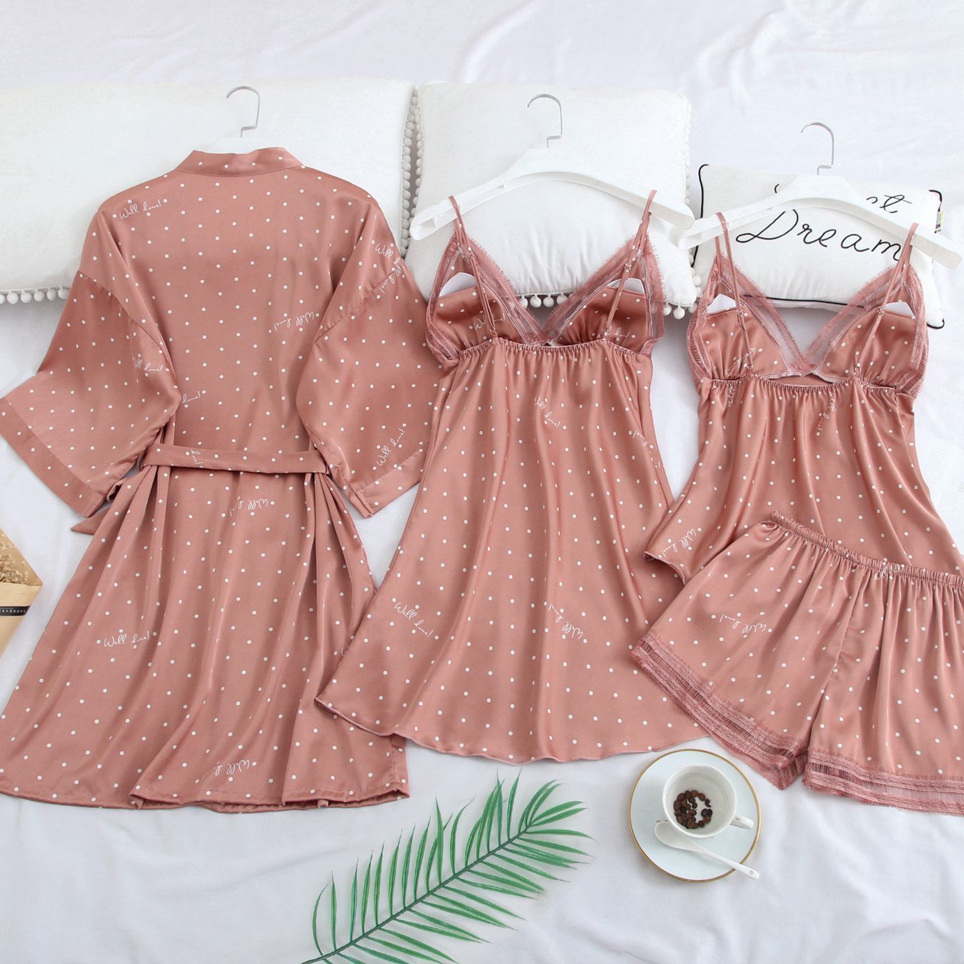 Women's Sleepwear Pink Print Dot Wedding Robe Set Sleepwear Casual Intimate Lingerie Nightgown Nightdress Soft Homewear Home Clothing Kimono Gown
