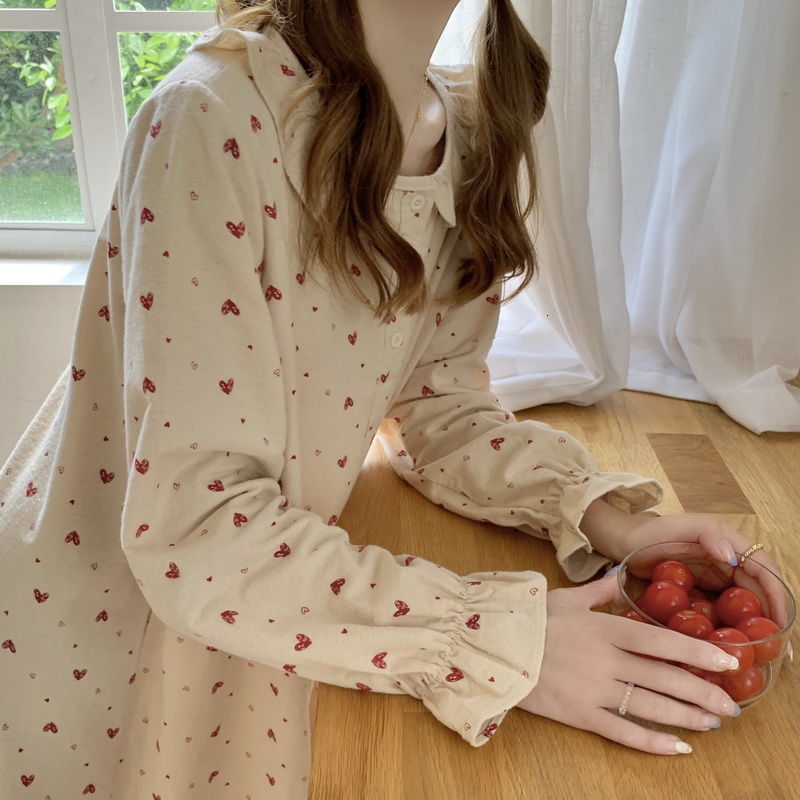 Women's Sleepwear Long Nightgowns Women Sweet Flare Sleeve Ruffles Heart-printed Lovely Mid-calf Nightie Loose Sleepwear Gentle Students Comfort 