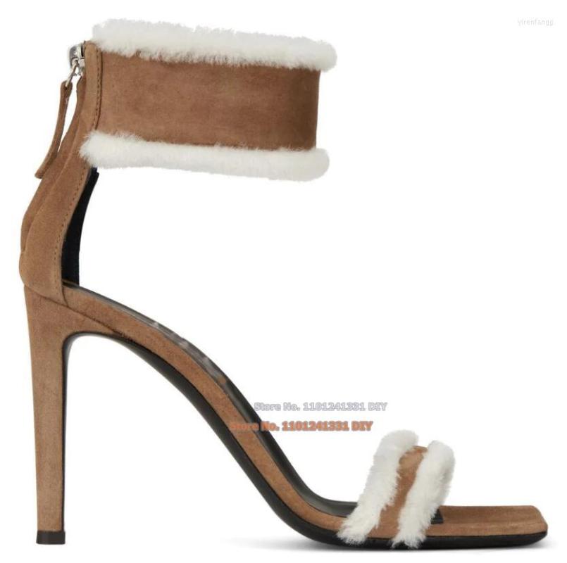 Dress Shoes Almond 105Mm Heeled Beige Suede White Shearling Leather High Heel Sandals Women Square Tip Ankle Strap With Buckle, As show color
Dress Shoes Almond 105Mm Heeled Beige Suede White Shearling Leather High Heel Sandals Women Square Tip Ankle Strap With Buckle, As show color