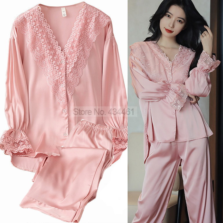 Women's Sleepwear Patchwork Satin Pajamas Suit Sleepwear With Lace Women Nightgown Button-down Pyjamas Pour Femme Nightwear Casual Home Wear 2302