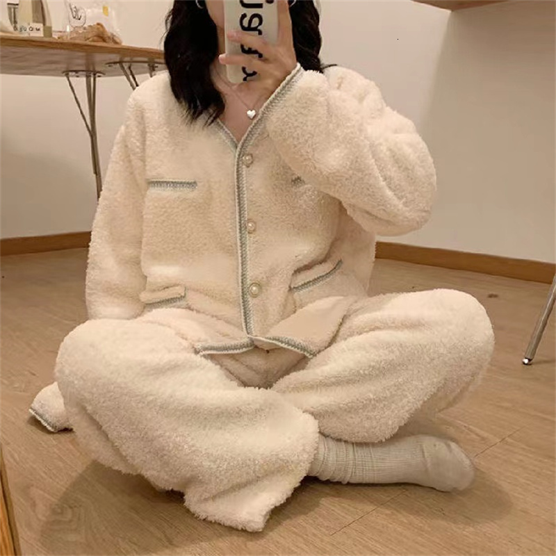 Women's Sleepwear Pajamas Set Women Winter Coral Velvet Pyjamas Sets Sweet Cute Flannel Long Sleeve Female Homewear Nightwear 230227