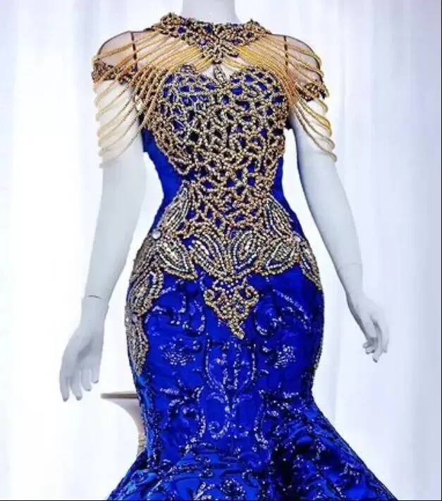 Arabic Aso Ebi Royal Blue Evening Dresses 2023 Plus Size Beaded Crystals Lace Prom Formal Party Second Reception Gowns Dress