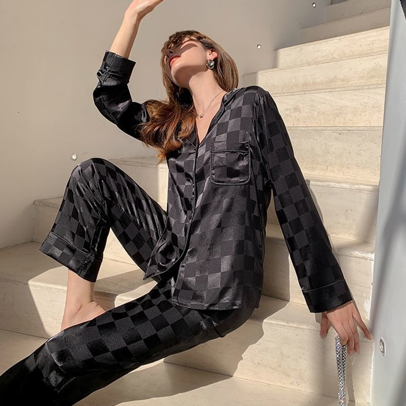 Women's Sleepwear Spring and Autumn Fashion Ice Silk Home Clothes Long Sleeve Trousers Pajamas Two-piece Suit Pyjamaswomen Sleepwear Set 230227