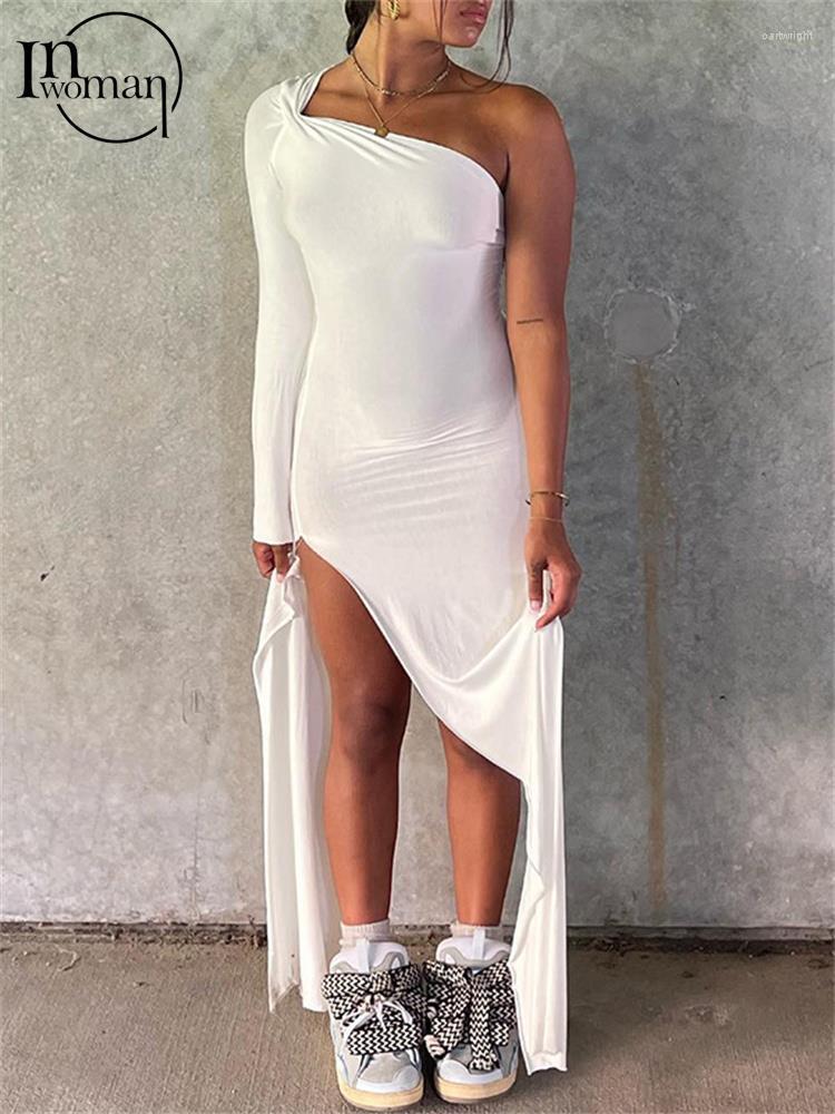 

Casual Dresses Inwoman Autumn Sexy White Asymmetric Side Slit Maxi Club Outfit Women 2023 Long Single Sleeve Party Dress Female
