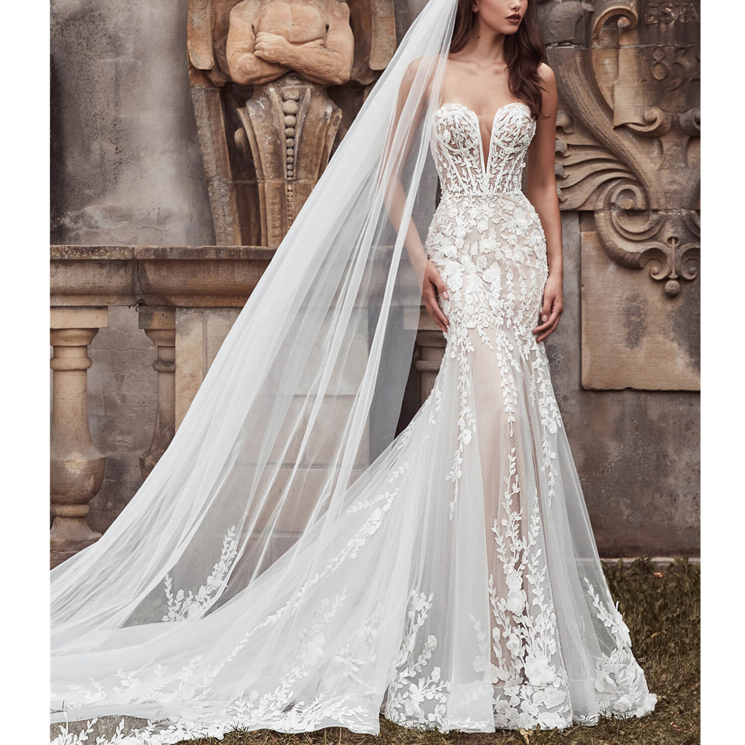 Julie Vino Mermaid Wedding Dresses Detachable Train Off Shoulder Sweep Backless Lace Dress Applique Bridal Gown