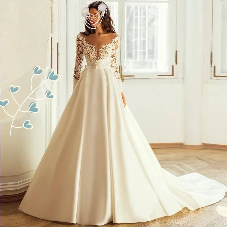Elegant Wedding Dresses Long Sleeves Sheer Neck Lace Appliques Beads Bridal Gowns Button Back Sweep Train A-Line Wedding Dress Custom