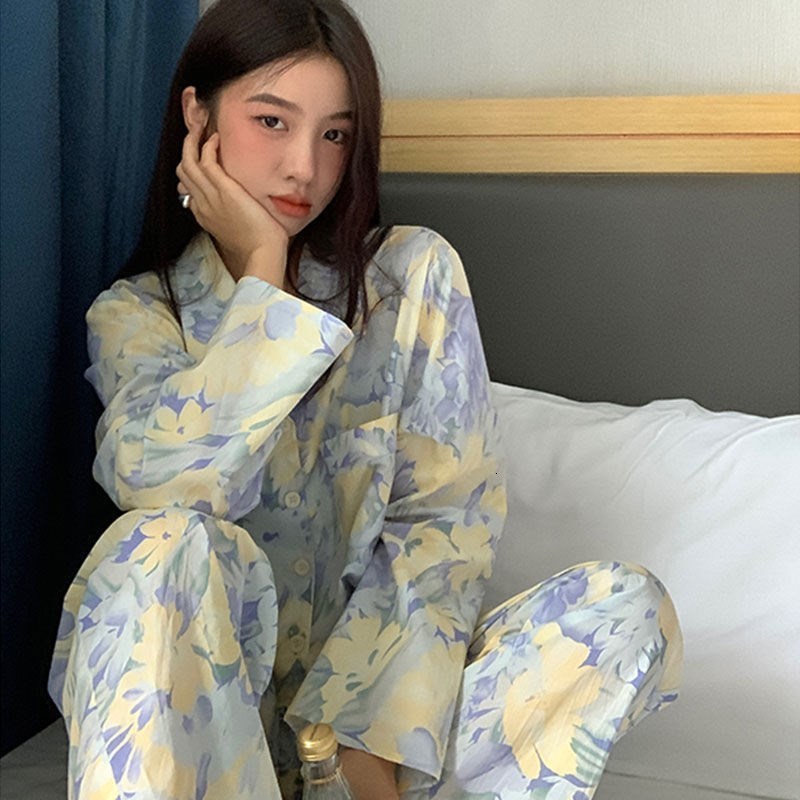 Women's Sleepwear Women Pajama Sets Spring Autumn Long Sleeve Floral Vintage Fashion Nightwear Loose Elegant Pyjamas Female Leisure 2-piece M-3XL
