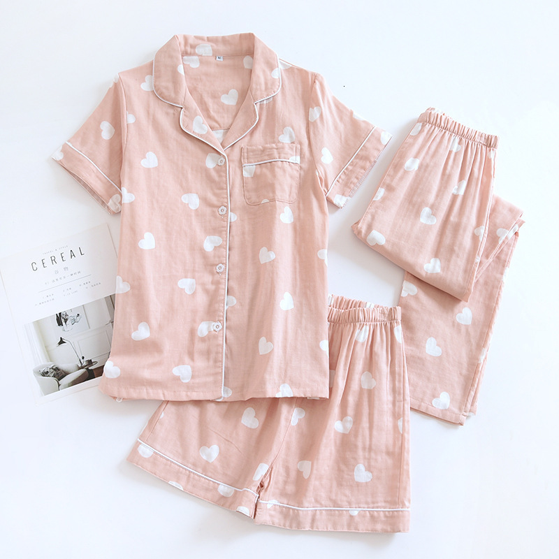 Women's Sleepwear spring and summer women's pajamas three-piece set short sleeves shorts trousers 100%cotton gauze love print homewear set 2