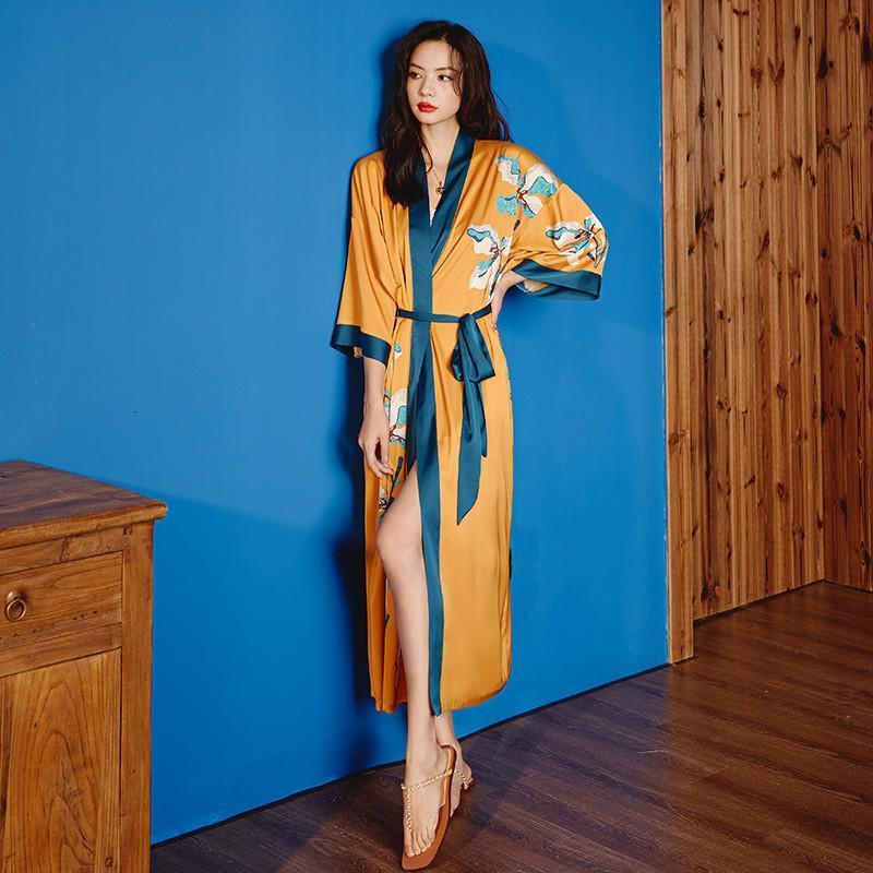 Women's Sleepwear Satin Nightgown Women Robe Print Flower Kimono Bath Gown Lace Up Bathrobe Sexy Intimate Lingerie Oversized Lounge Sleepwear 230