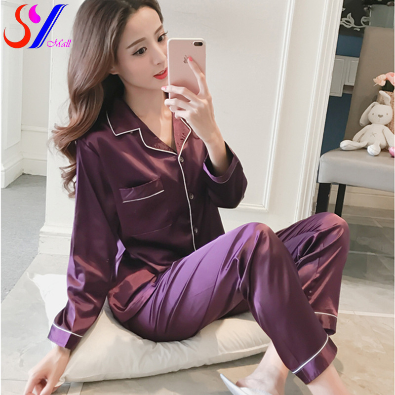 Women's Sleepwear Womens Silk Satin Pajamas Pyjamas Set Sleepwear Pijama Pajamas Suit Female Sleep Two Piece Set Women's Loungewear Plus Siz