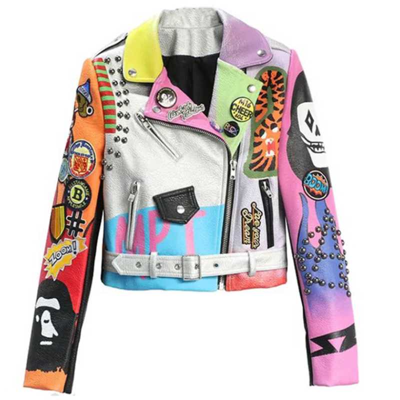 Women's Leather & Faux Fashion Rivet Beading Pu Jacket Women Hit Color Graffiti Letters Printed Jackets, As photo
Women's Leather & Faux Fashion Rivet Beading Pu Jacket Women Hit Color Graffiti Letters Printed Jackets, As photo