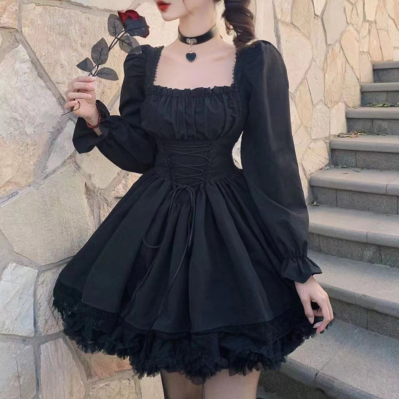 Casual Dresses Long Sleeves Lolita Black Dress Goth Aesthetic Puff Sleeve High Waist Vintage Bandage Lace Trim Party Gothic Clothes Dress Woman 230227