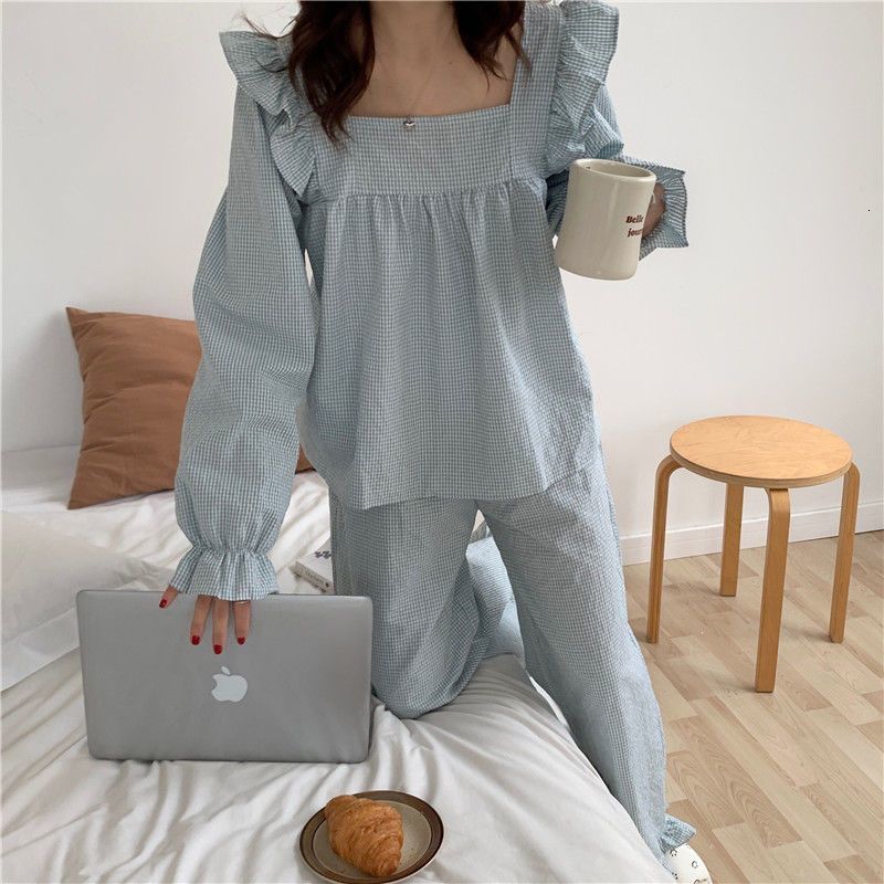 Women's Sleepwear Pajama Sets Women Plaid Harajuku Schoolgirl Sweet Style Autumn Simple Sleepwear Square Collar Ins Lovely Nightwear Daily 230227