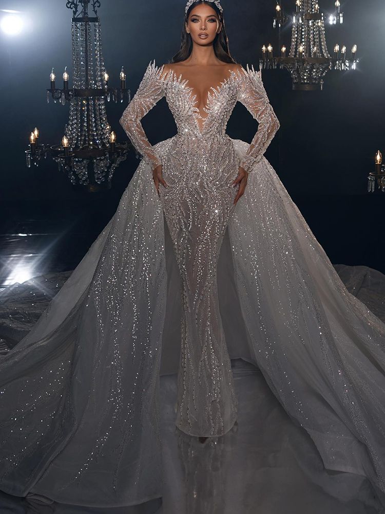 Cystal Beading Vintage Mermaid Wedding Dress Off Shoulder Long Sleeve P Africa Bridal Gowns With Detachable Train 0213