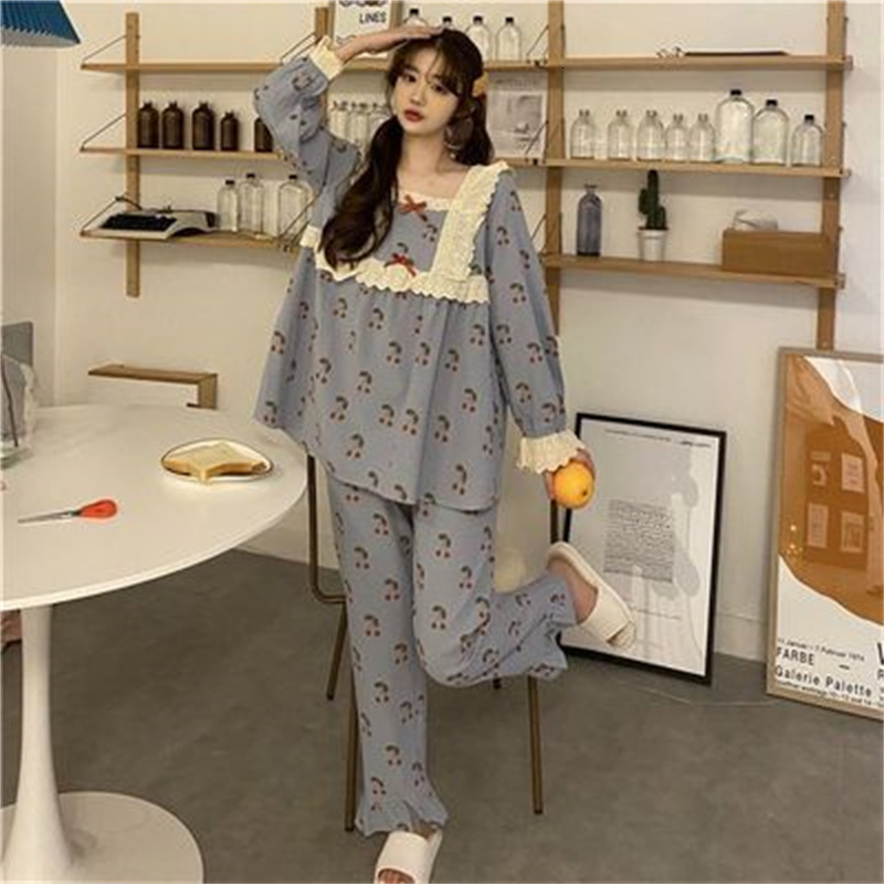 Women's Sleepwear Autumn Pajamas Set Casual Sleepwear For Women Elastic Print Pyjama Women's Fashion Sweet Plaid Homewear Clothes Big Size 2