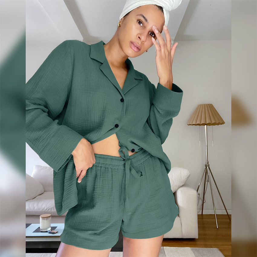 Women's Sleepwear Hiloc Cotton Sleepwear Women Pajama Turn Down Collar Suits With Shorts Long Sleeve Pajamas For Sleep Nightgowns Casual Nightwea