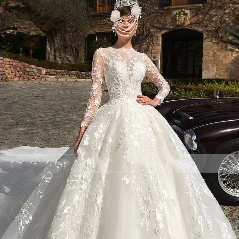 Sleeves Long Wedding Dresses Bridal Gown Jewel Neck Lace Applique Sweep Train Custom Made Tulle Beach Plus Size Vestido De Novia