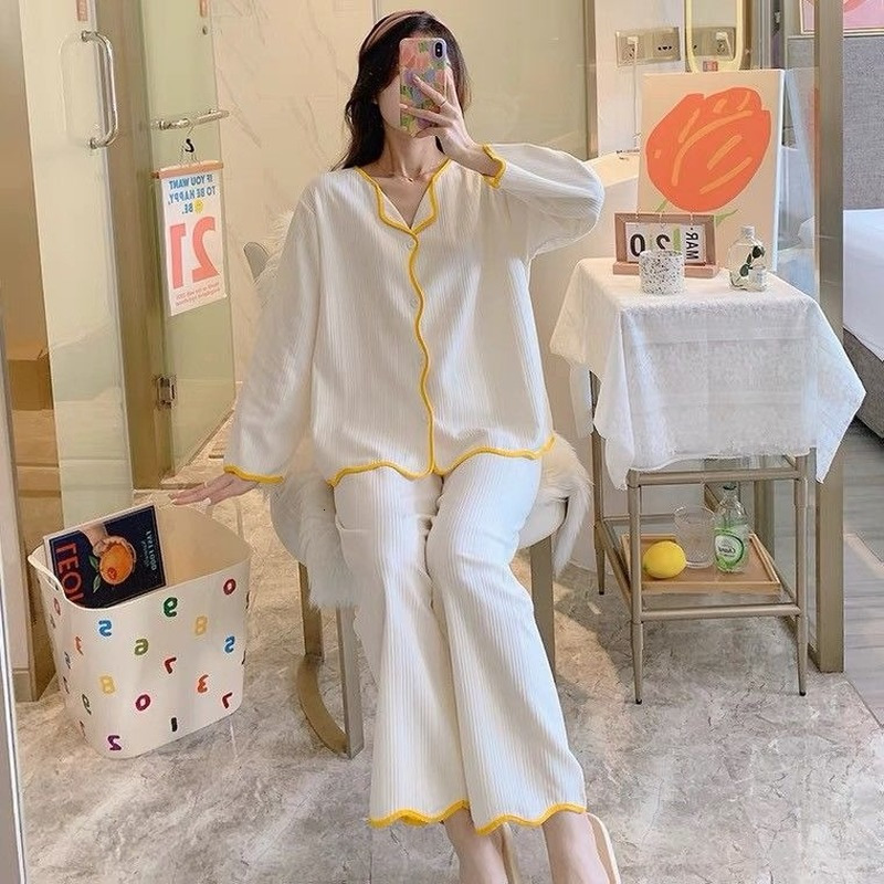 Women's Sleepwear Pajama Sets Women Basic Stylish Comfortable Sweet Wavy-cut Lacework Single Breasted Cotton Loose Pajamas Sleepwear Long Sleeve 
