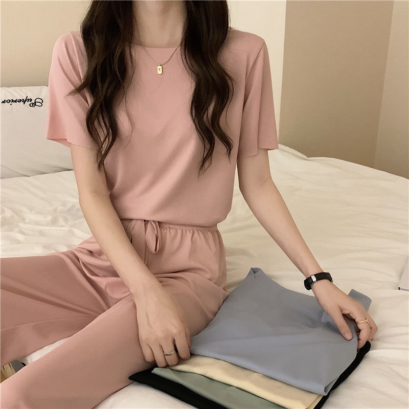 Women's Sleepwear Summer Suit for Women French Solid Color Ice Silk Sleepwear Pajamas Two Piece Set Home Wear Nightwear Comfortable Pyjamas 23022