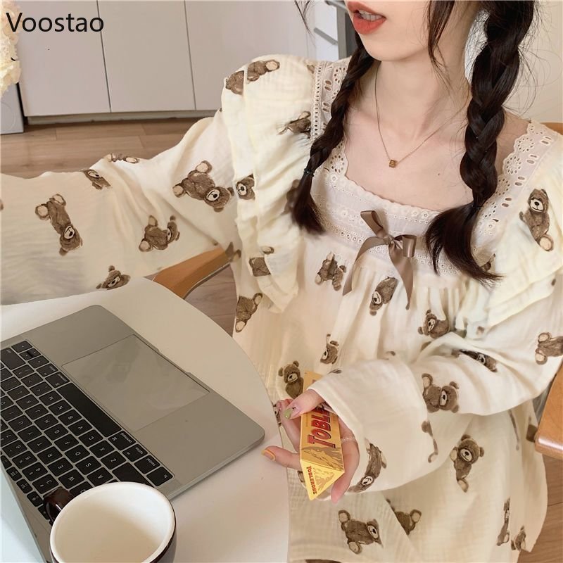 Women's Sleepwear Cute Pajamas Women Japanese Sweet Room Wear Lace Ruffles Kawaii Bear Print 2 Piece Set Spring Autumn Casual Sleepwear Pijamas 2