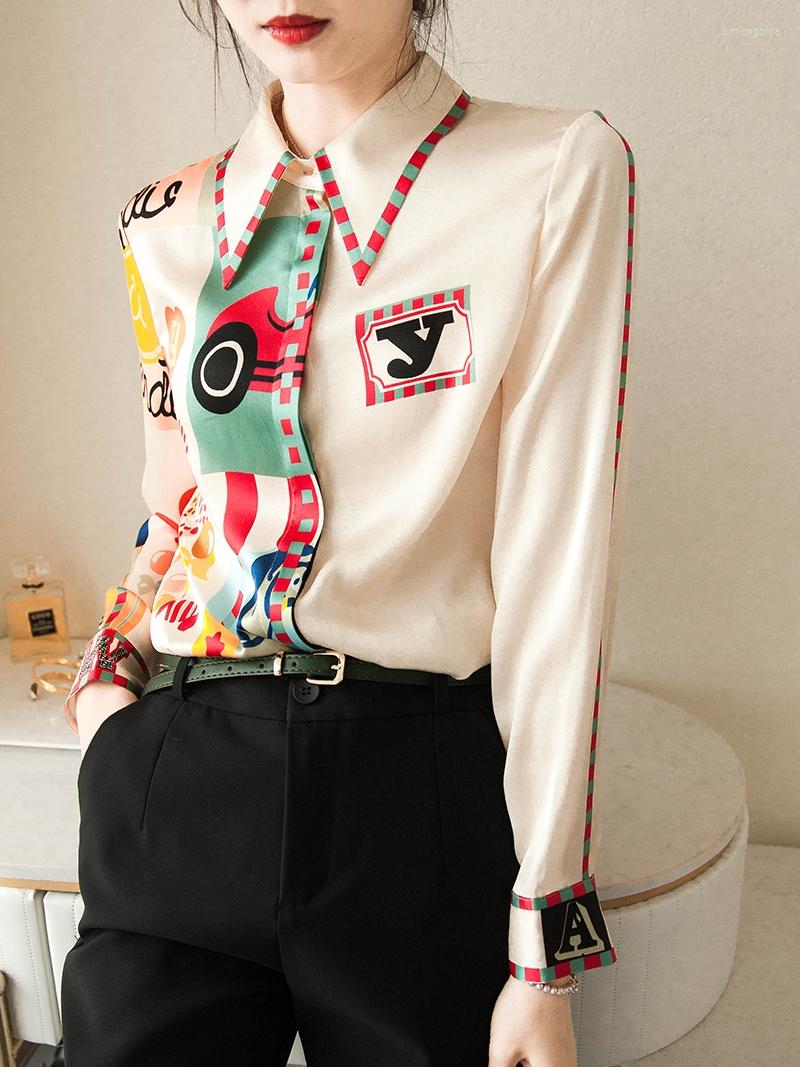 Women's Blouses Elegant Print Silk Blouse Women Korean Long Sleeve Shirt Modis Tops 2023 Arrival
