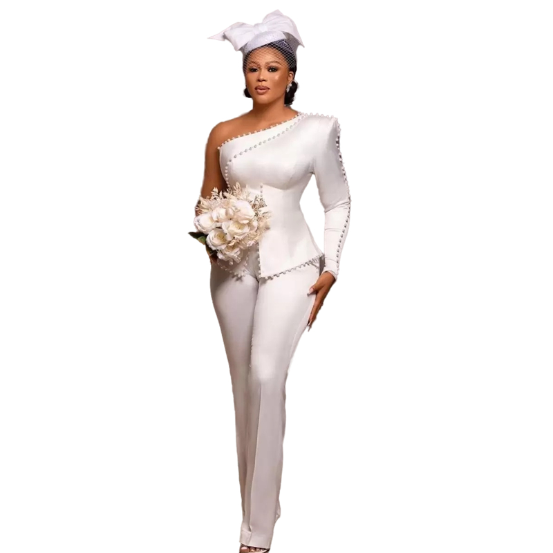 2023 One Shoulder Bride Wedding Gown Pants Suit Ivory Slim Fit Modern Outfit Formal Reception Wear For Women Pearls Beading Bridal Dresses