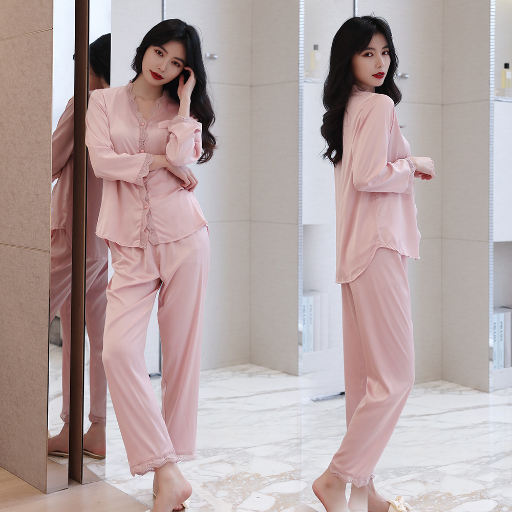 Women's Sleepwear Women Sexy Sleepwear Satin Pyjamas Silky 2 Piece Pajamas Set Loungewear Casual Solid Nightwear Shirt Pants Spring Bathrobe 2302