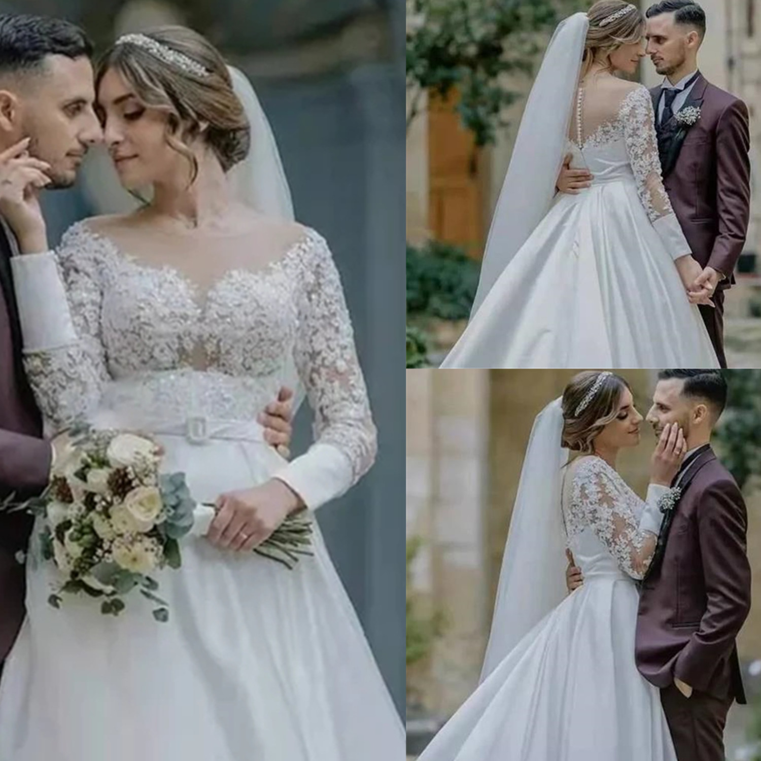 Elegant Wedding Dresses Long Sleeves Sheer Neck Lace Appliques Beads Bridal Gowns Button Back Sweep Train A-Line Wedding Dress Custom