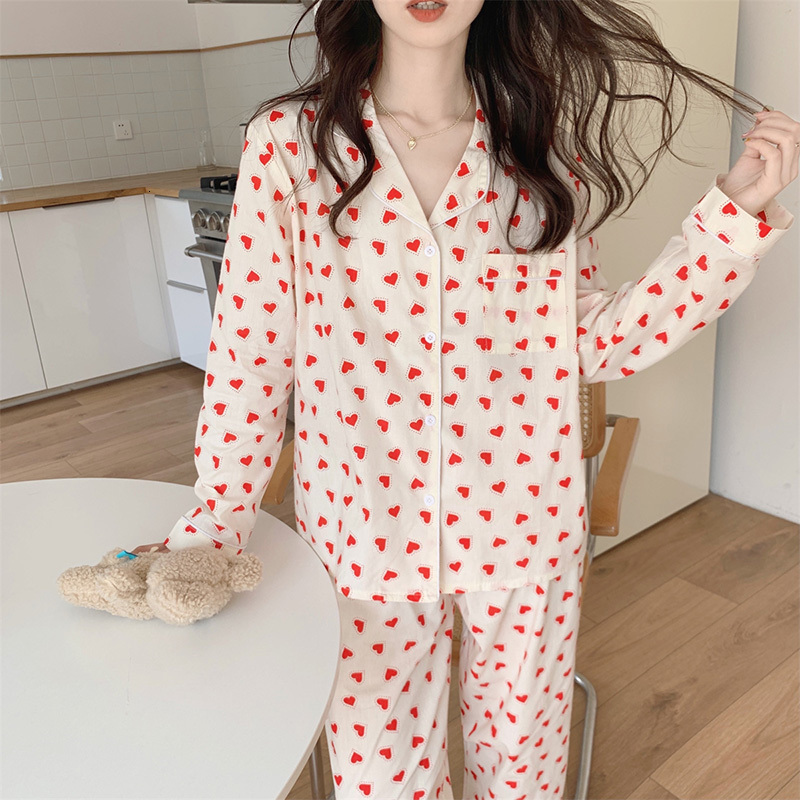 Women's Sleepwear Cotton Pajamas Set Comfortable Long Sleeve Lovely Sweet Leisurewear Home Suit Spring Sleepwear Soft Korean Heart Print Kawaii 2