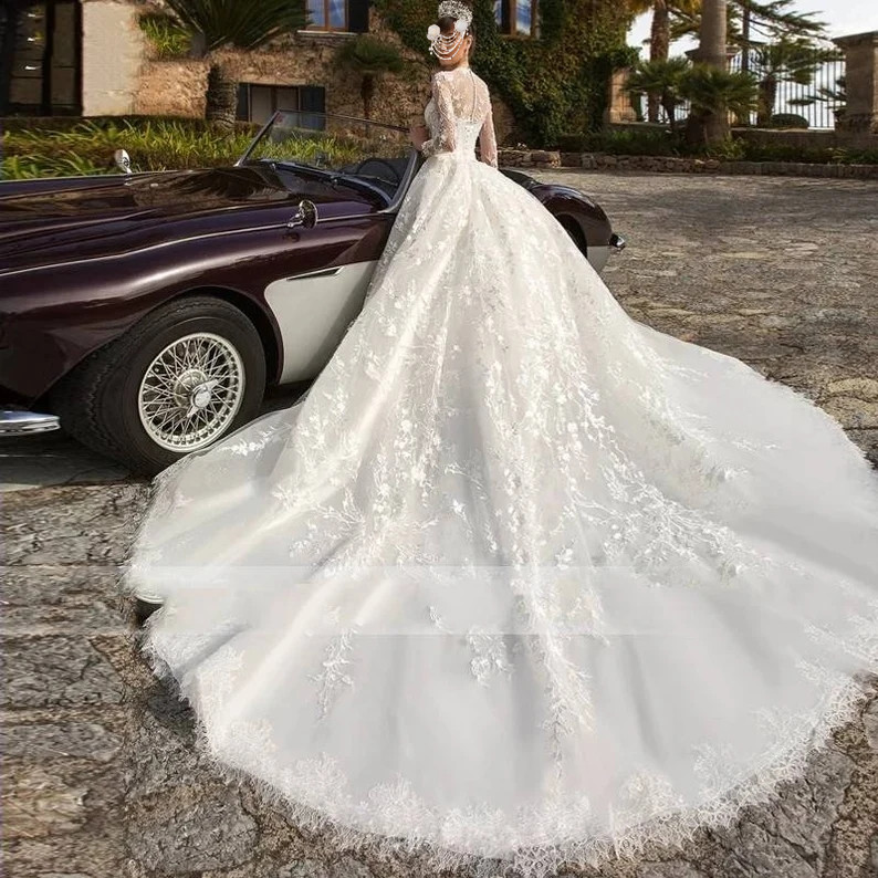 Sleeves Long Wedding Dresses Bridal Gown Jewel Neck Lace Applique Sweep Train Custom Made Tulle Beach Plus Size Vestido De Novia