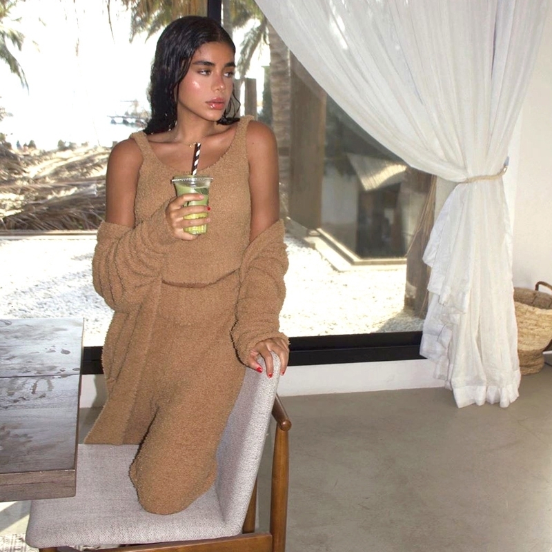 Women's Sleepwear KimKarda Same Style Homewear Set Pajamas For Women Casual Sleeveless Tops and Long Pants Cozy Cardigan Fluffy INS Sleepcoat Sui