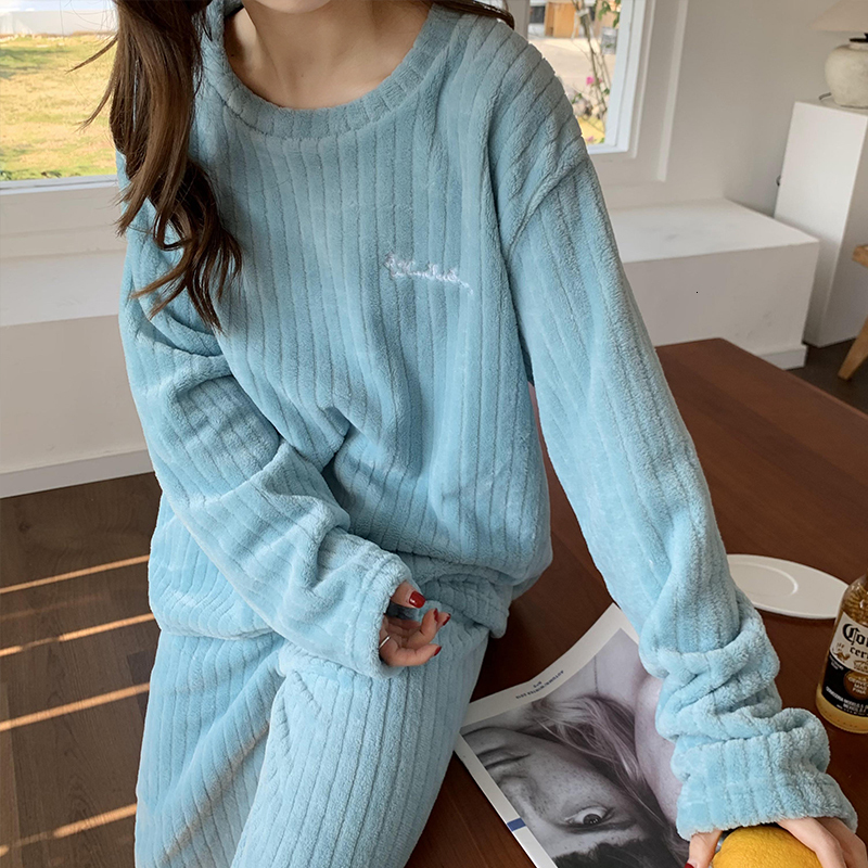 Women's Sleepwear Autumn Winter Warm Flannel Women Pyjamas Sets Thick Long Sleeve Soild Sleepwear Pajamas Set Home Clothing Suit Homewear 230227