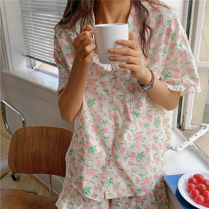 Women's Sleepwear Korean Style Women's Pajamas Set Floral Print Casual Lounge Wear Short Sleeve TopsShorts Ruffles Pyjamas with Pocket Sleep