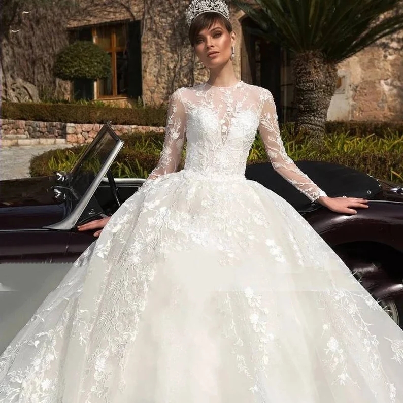 Sleeves Long Wedding Dresses Bridal Gown Jewel Neck Lace Applique Sweep Train Custom Made Tulle Beach Plus Size Vestido De Novia