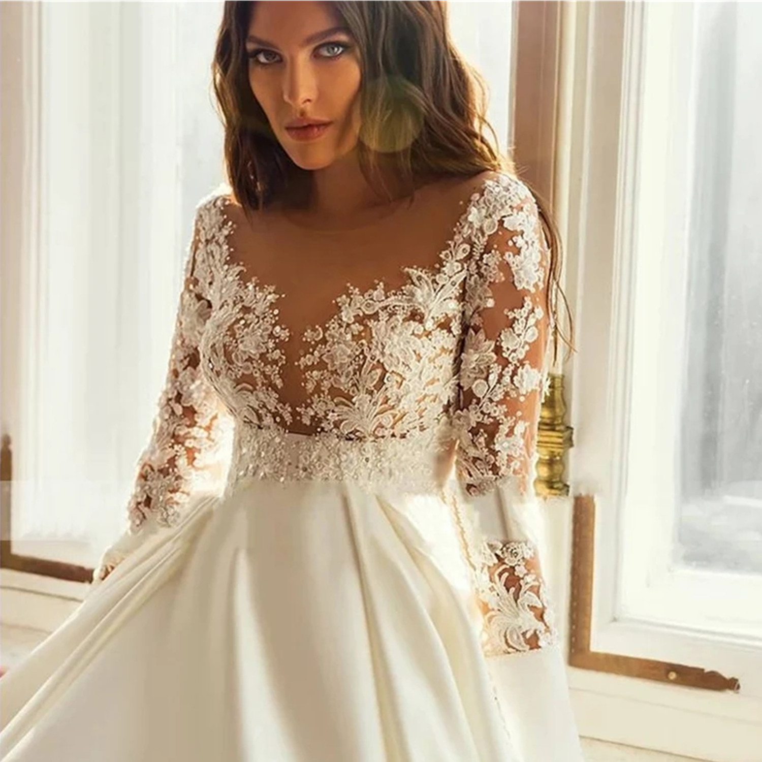Elegant Wedding Dresses Long Sleeves Sheer Neck Lace Appliques Beads Bridal Gowns Button Back Sweep Train A-Line Wedding Dress Custom