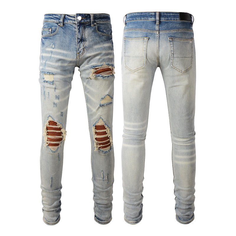 Men's Jeans Patches Detail Biker Fit Jeans Men Slim Motorcycle For Mens Vintage Distressed Denim Jean Pants #SHOPEE42