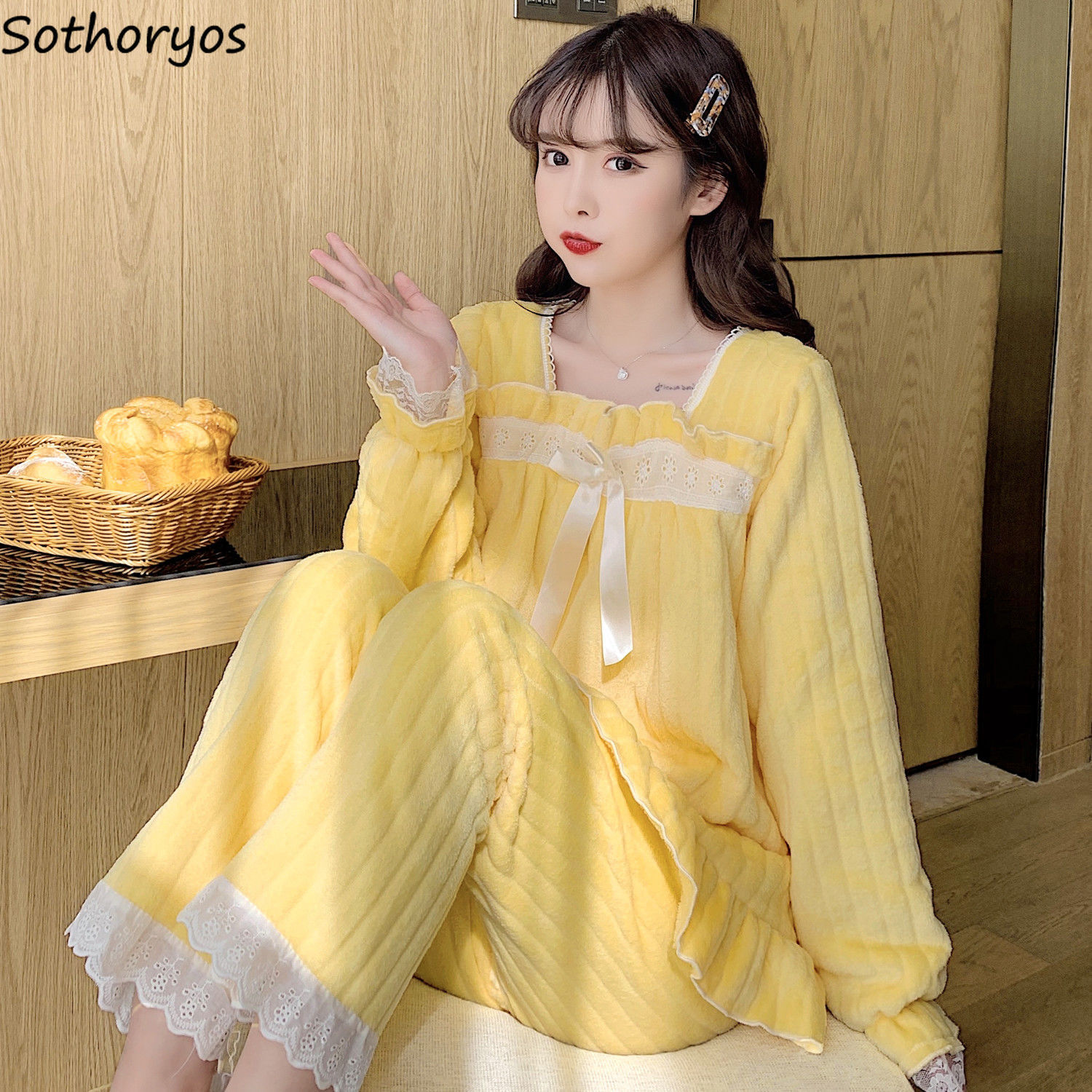 Women's Sleepwear Fall Winter Long Sleeve Pajama Sets Women Cozy Fluffy Homewear Outfit Casual Sweet Bow Princess Flannel Students Thermal Heatin