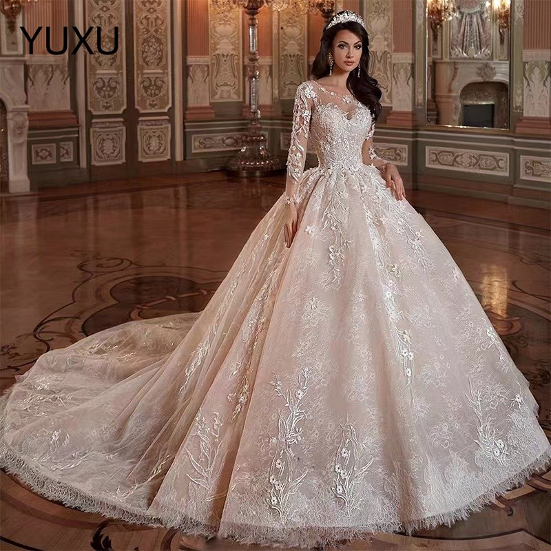 Modest Long Sleeves A Line Wedding Dresses Arabic Lace Appliqued Sweep Train Plus Size Wedding Bride Gown luxury vestido de novia
