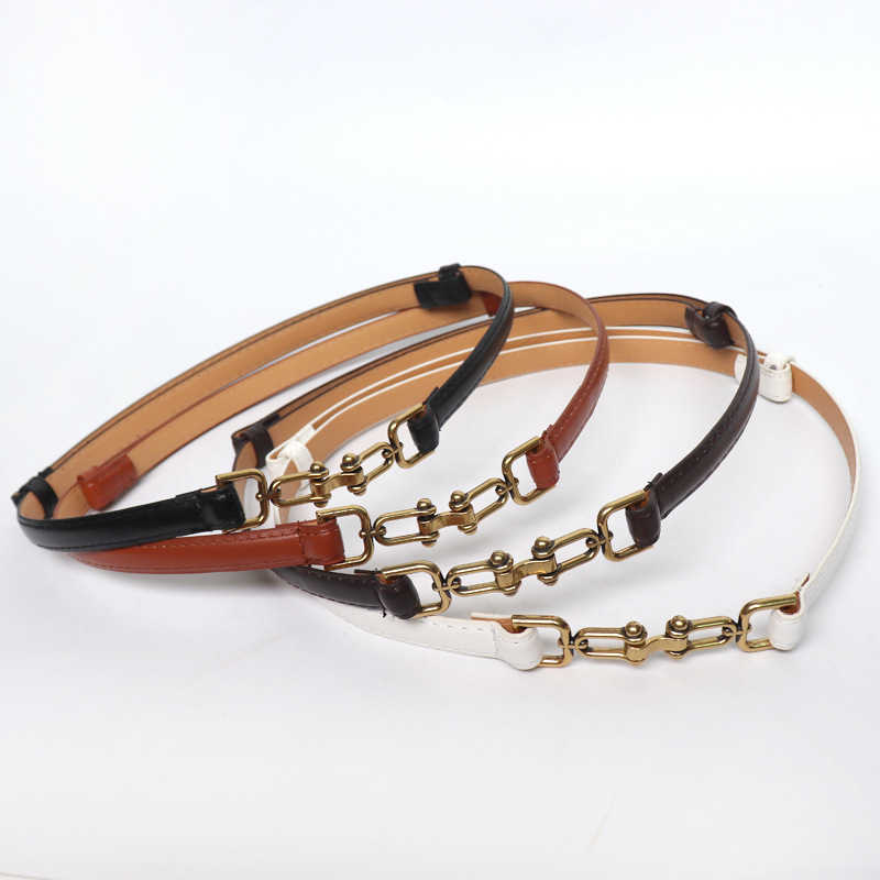 Belts Horsebit Woman Belt Vintage Brass Lock Buckle PU Leather Thin Belts Adjustable Waistband For Ladies Dress Coat Suit Decor Strap Z0223