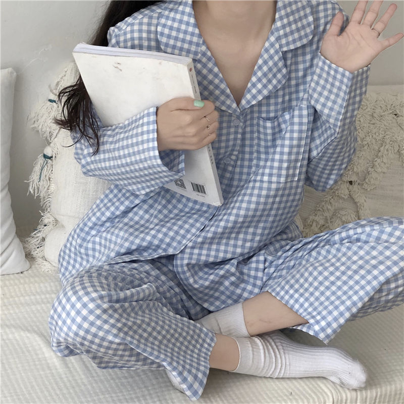 Women's Sleepwear Korean Style Women Plaid Print Pajamas Set Full Sleeve TopsLong Pants 2 Pieces Suit Casual Loose Sleepwear Lounge Wear 230227