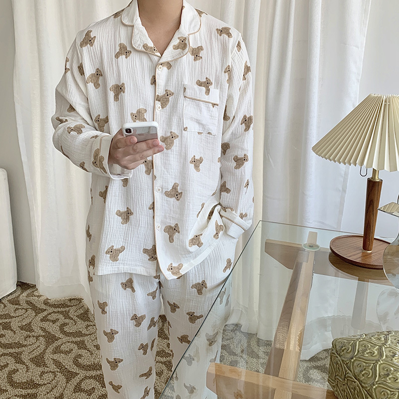 Women's Sleepwear 100% cotton kawaii funny bear cartoon homewear women men couple pajama set long sleeve spring autumn sleepwear suit Y953 230227