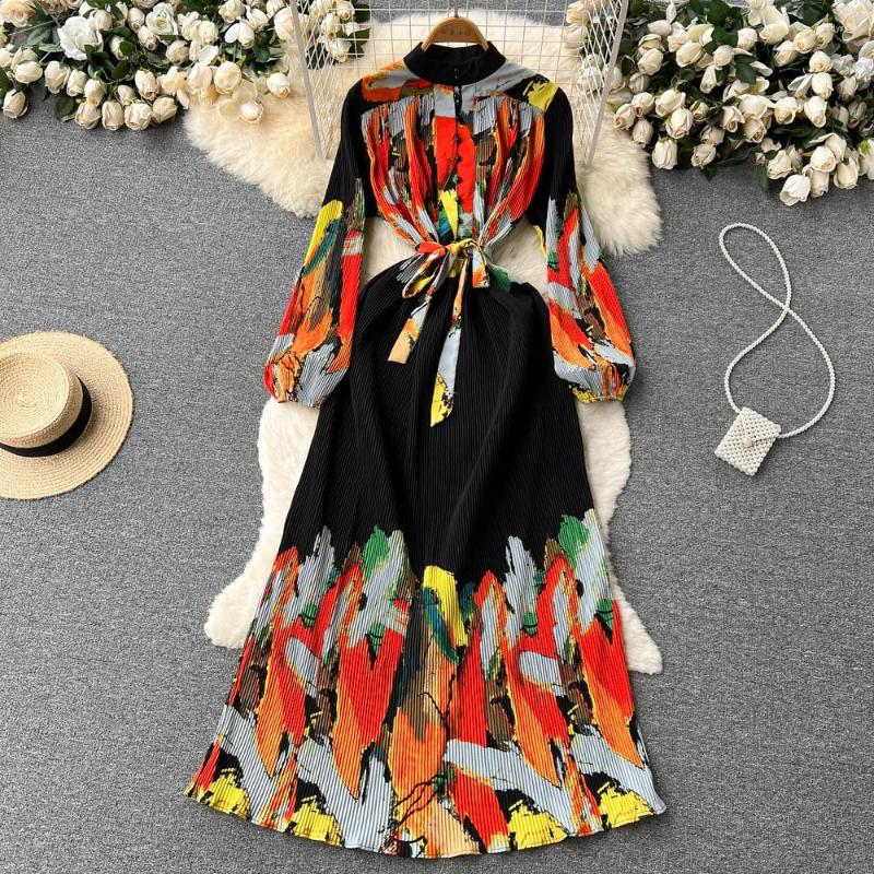 Casual Dresses Retro Tie-Dyed Printed Stand-up Collar Cinched Dress For Women Spring&Autumn Lace-up Slimming Elegant Graceful Long, Black
Casual Dresses Retro Tie-Dyed Printed Stand-up Collar Cinched Dress For Women Spring&Autumn Lace-up Slimming Elegant Graceful Long, Black