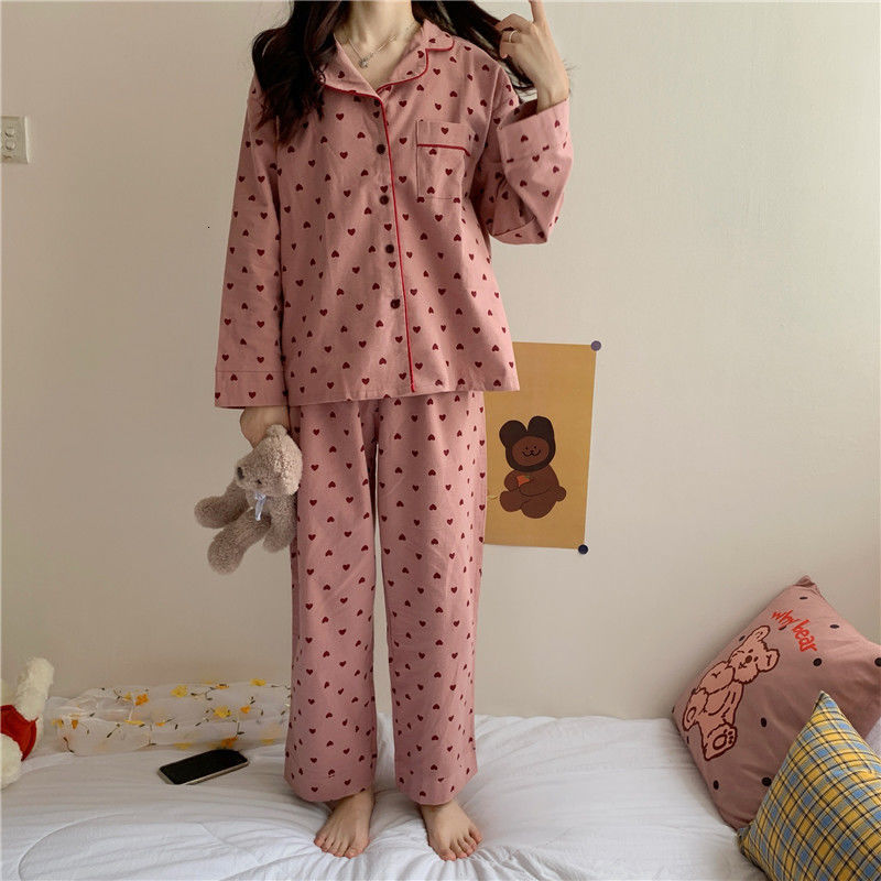 Women's Sleepwear Pajama Sets Women Long Sleeve Turn-down Collar Elegant Sweet Printing Soft Single Breasted Pockets Spring Autumn Sleep Female 2