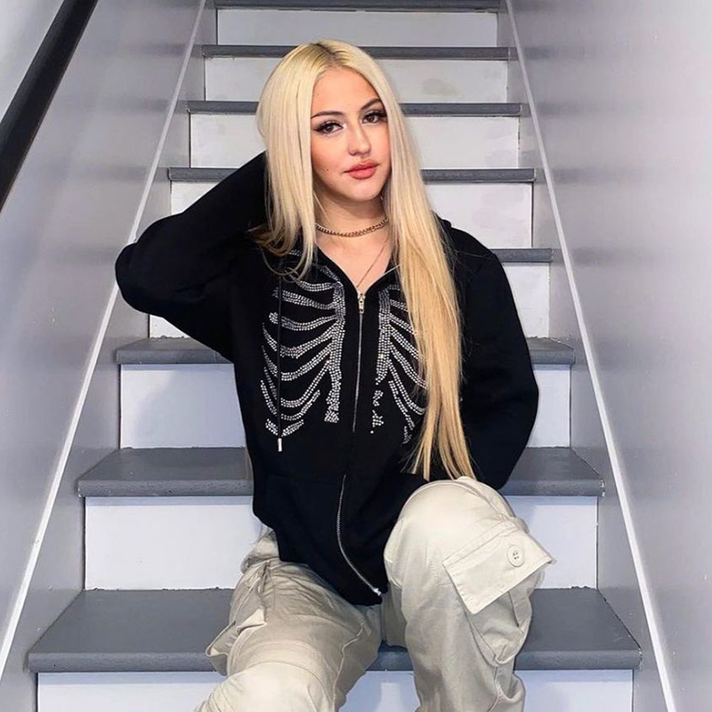 Women's Hoodies Sweatshirts Y2K Skeleton Women Gothic Black Zip Up Oversized Female Retro Harajuku Hooded Jacket Streetwear 230225