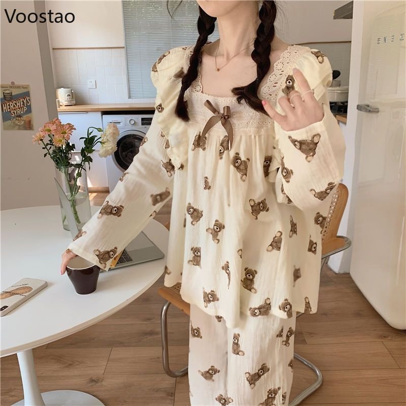 Women's Sleepwear Cute Pajamas Women Japanese Sweet Room Wear Lace Ruffles Kawaii Bear Print 2 Piece Set Spring Autumn Casual Sleepwear Pijamas 2