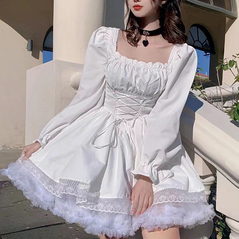 Casual Dresses Long Sleeves Lolita Black Dress Goth Aesthetic Puff Sleeve High Waist Vintage Bandage Lace Trim Party Gothic Clothes Dress Woman 230227