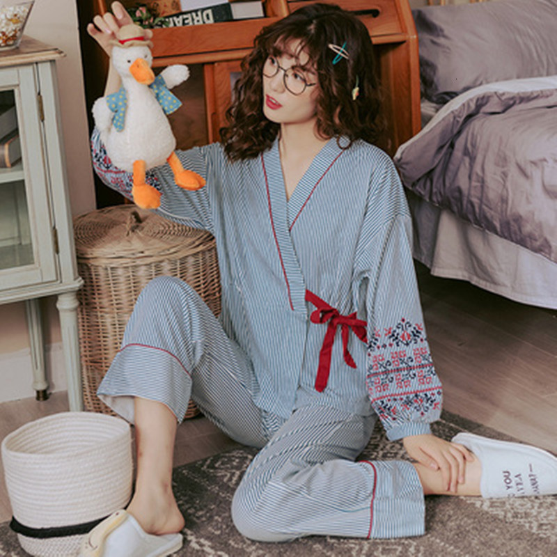 Women's Sleepwear Long Sleeve Pajamas Women's Summer Thin 100kg Pure Cotton Stripe Suit Japanese Kimono Spring and Autumn Household 230227