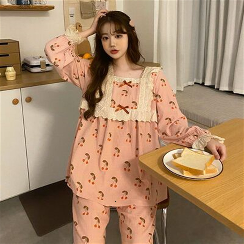 Women's Sleepwear Autumn Pajamas Set Casual Sleepwear For Women Elastic Print Pyjama Women's Fashion Sweet Plaid Homewear Clothes Big Size 2
