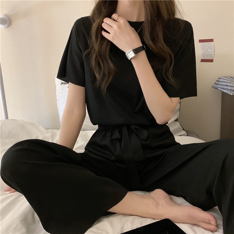 Women's Sleepwear Summer Suit for Women French Solid Color Ice Silk Sleepwear Pajamas Two Piece Set Home Wear Nightwear Comfortable Pyjamas 23022